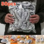 A pack of 50 silver reusable aluminum foil elastic covers for food preservation.
