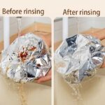 A pack of 50 silver reusable aluminum foil elastic covers for food preservation.