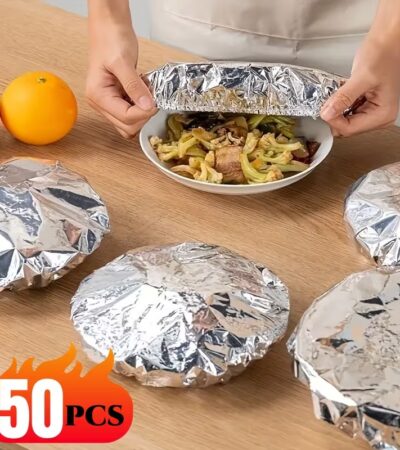 A pack of 50 silver reusable aluminum foil elastic covers for food preservation.