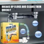 Box of EAREPIS Drain Clog Remover Tablets next to a graphic showing clear water flow through a pipe.