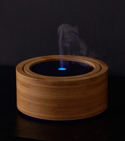 Round bamboo diffuser with blue LED light emitting mist