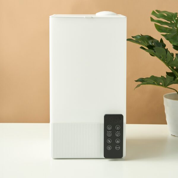 Large white electrical aroma humidifier with remote control, 38.5cm height.