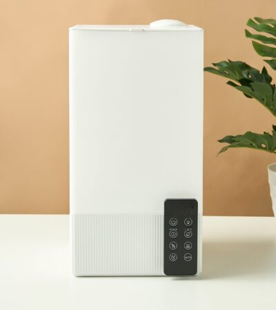 Large white electrical aroma humidifier with remote control, 38.5cm height.