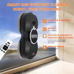 White X3 window cleaning robot with dual water spray nozzles cleaning a large glass pane.