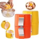 A yellow and orange Stainless Steel Eggshell Separator tool showing how it cracks and separates eggs.