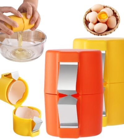 A yellow and orange Stainless Steel Eggshell Separator tool showing how it cracks and separates eggs.
