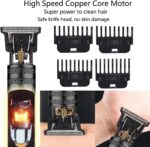 Close-up of a black T-style zero-gap hair clipper with stainless steel blades and guide combs.