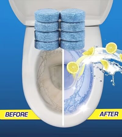 Stack of blue Automatic Toilet Descaling Tablets in a modern bathroom setting.