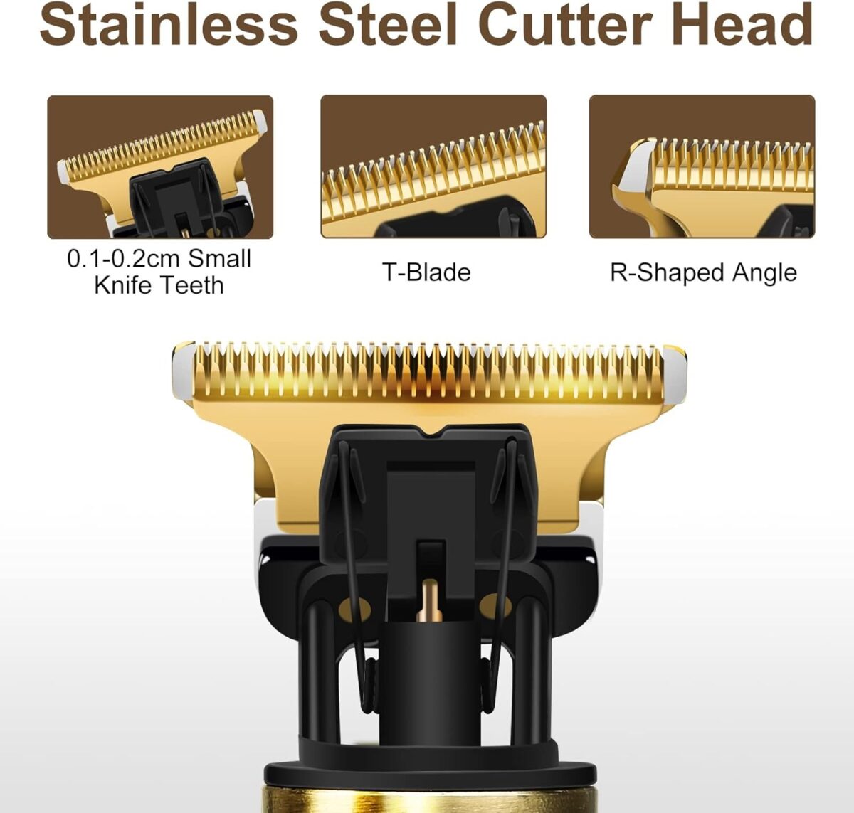 Close-up of a black T-style zero-gap hair clipper with stainless steel blades and guide combs.