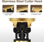 Close-up of a black T-style zero-gap hair clipper with stainless steel blades and guide combs.