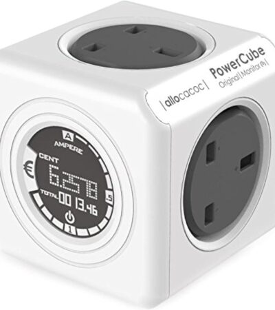 Smart energy monitor plug featuring E-ink screen showing monetary cost and touch power switch.
