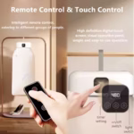 A split-view image showing the clothes dryer in its compact folded state next to its unfolded setup with clothes hanging inside, highlighting the blue UV light and the digital remote control.