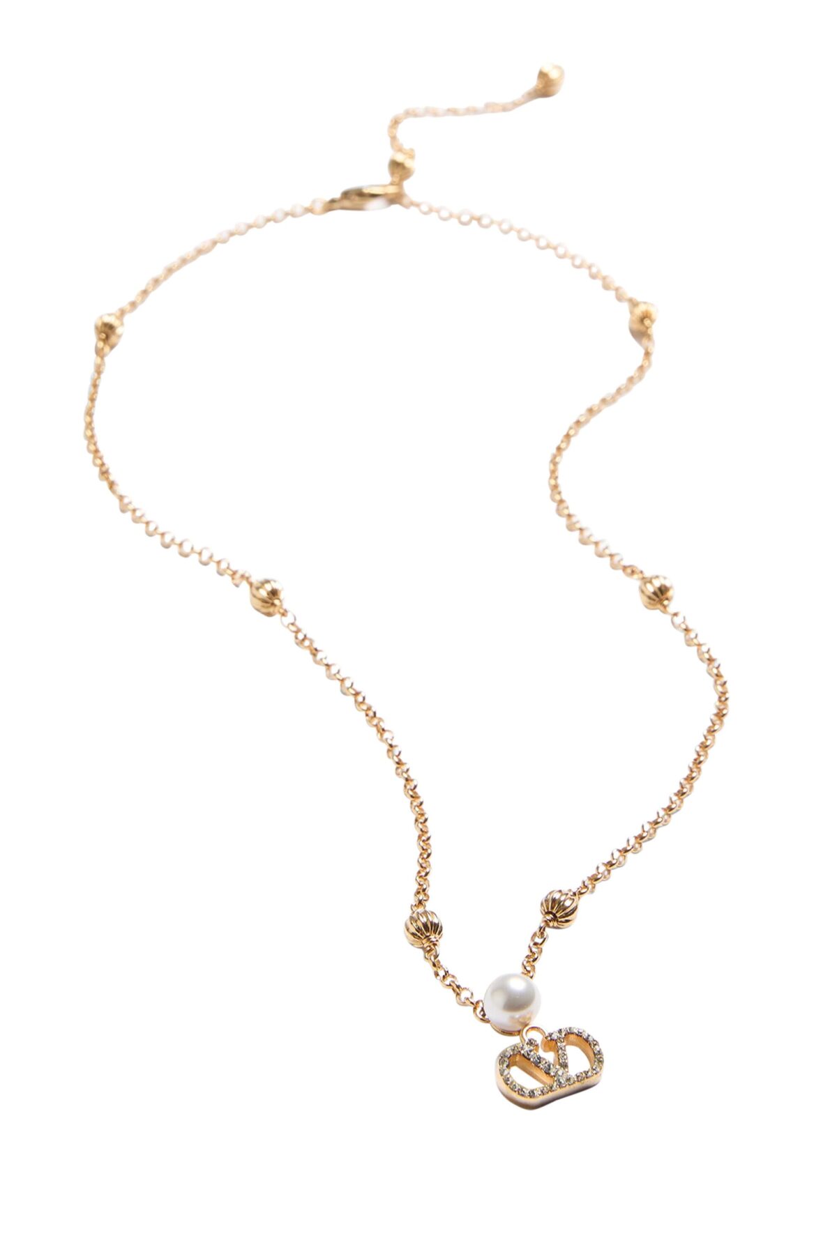 The Valentino Garavani VLogo Signature necklace featuring a pearl and Swarovski crystal pendant on a gold-tone chain.
