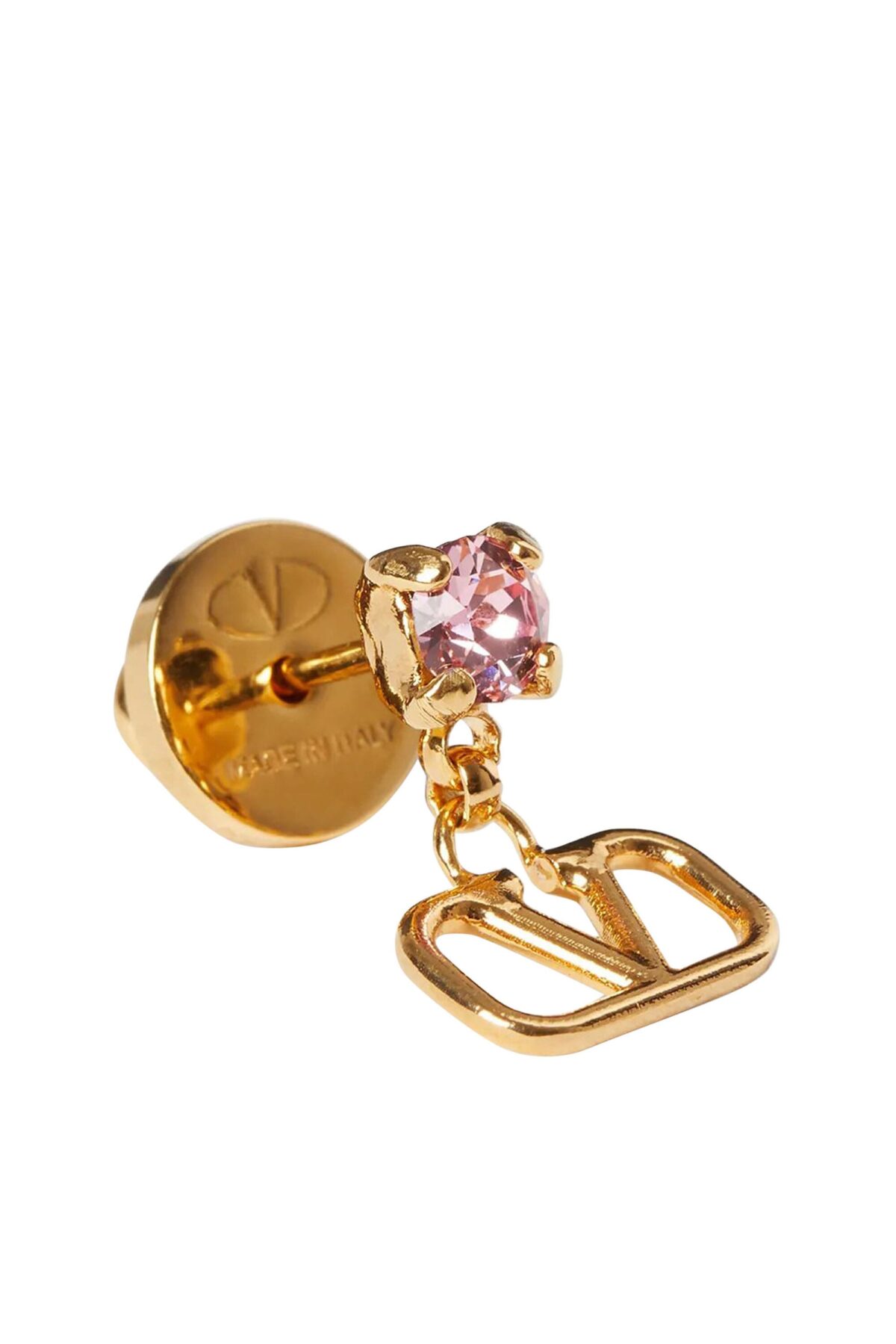 Close-up of Valentino Garavani VLogo earrings in gold-tone metal with rhinestones