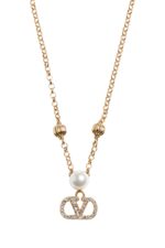 The Valentino Garavani VLogo Signature necklace featuring a pearl and Swarovski crystal pendant on a gold-tone chain.
