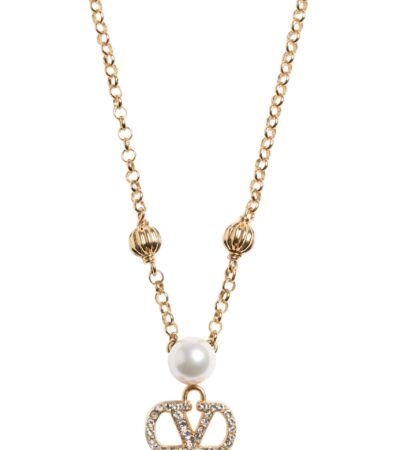 The Valentino Garavani VLogo Signature necklace featuring a pearl and Swarovski crystal pendant on a gold-tone chain.