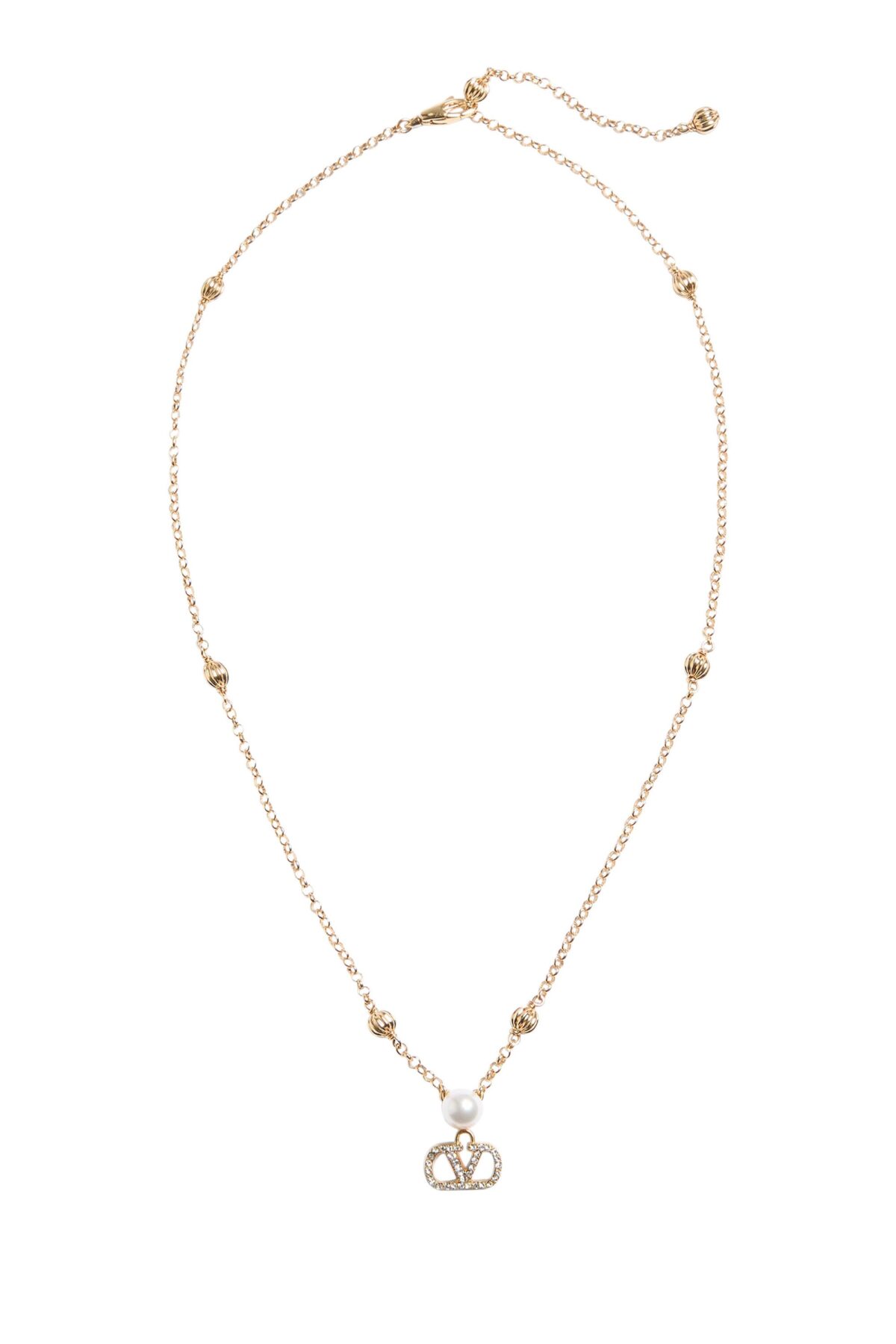 The Valentino Garavani VLogo Signature necklace featuring a pearl and Swarovski crystal pendant on a gold-tone chain.