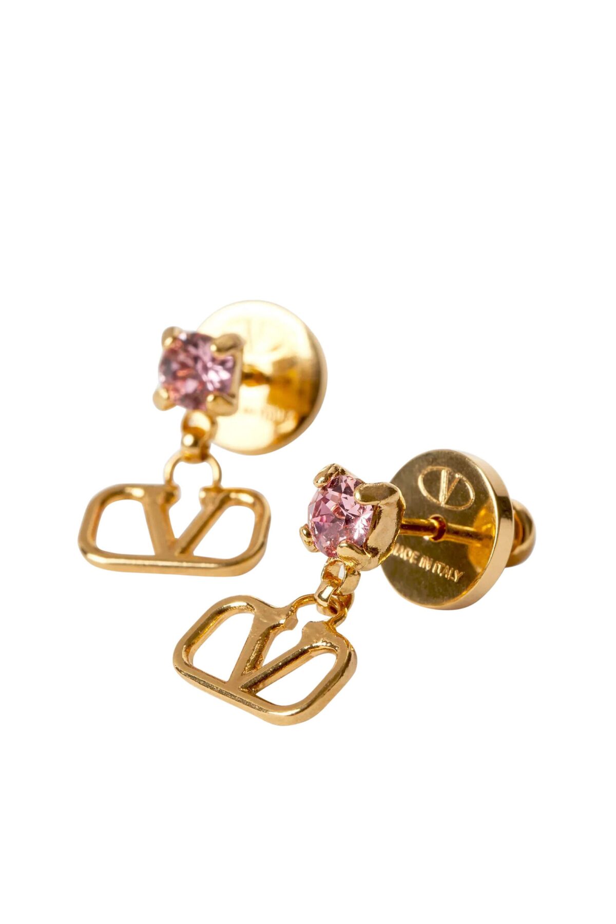Close-up of Valentino Garavani VLogo earrings in gold-tone metal with rhinestones