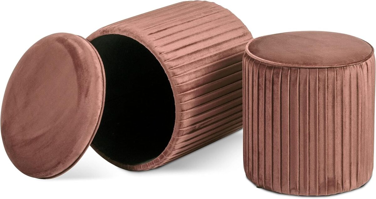 Round rose gold velvet ottoman with a unique pleated wrinkle design and plush padded top.
