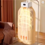 A split-view image showing the clothes dryer in its compact folded state next to its unfolded setup with clothes hanging inside, highlighting the blue UV light and the digital remote control.