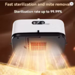 A split-view image showing the clothes dryer in its compact folded state next to its unfolded setup with clothes hanging inside, highlighting the blue UV light and the digital remote control.