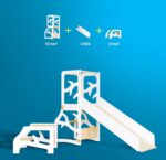 Convertible 3-in-1 kids learning tower shown in stool, desk, and slide positions made of natural birch plywood.