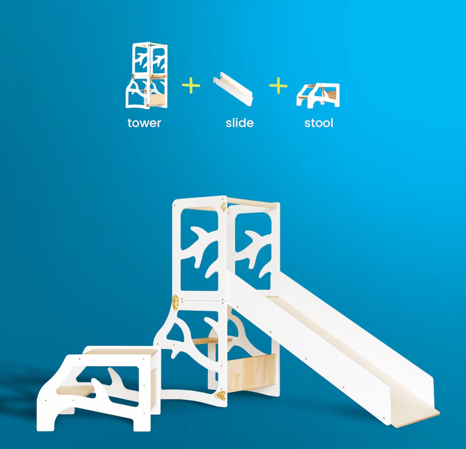 kids-3-in-1-learning-tower-slide-desk-birch Convertible 3-in-1 kids learning tower shown in stool, desk, and slide positions made of natural birch plywood.