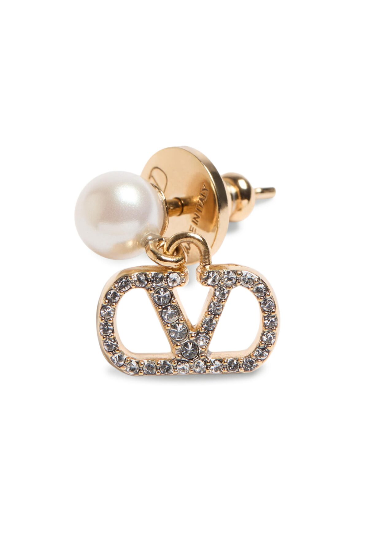 Valentino Garavani VLogo Signature earrings featuring pearls and Swarovski crystals on gold-tone metal.
