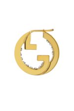 Close-up of Gucci Blondie light gold-toned hoop earrings with crystal embellishments.