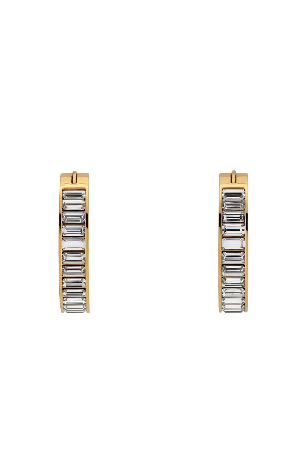 Close-up of Gucci Blondie light gold-toned hoop earrings with crystal embellishments.