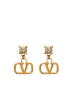 Pair of Valentino Garavani VLogo earrings in 18kt gold-plated brass with Swarovski crystal studs.