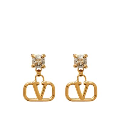 Pair of Valentino Garavani VLogo earrings in 18kt gold-plated brass with Swarovski crystal studs.