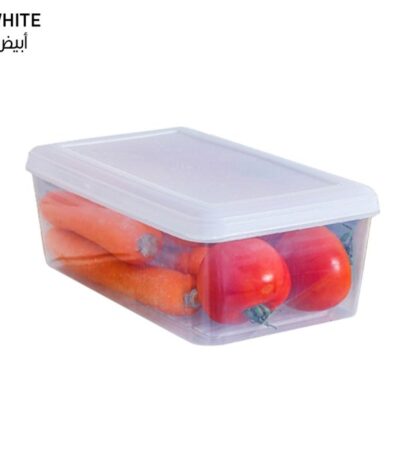 Rectangular transparent plastic food storage box with white lid for fridge organization