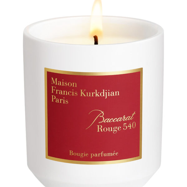 Maison Francis Kurkdjian Baccarat Rouge 540 luxury candle with a red and gold label.