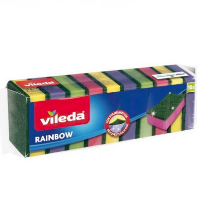 Multi-colored Vileda Rainbow medium foam scourer sponges in 10 piece packaging