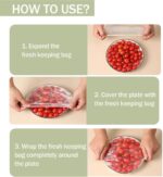 Clear elastic plastic food covers stretched over various kitchen bowls