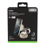 Light Beige Belkin UltraCharge Pro 3-in-1 Magnetic Charging Dock with Chrome finish