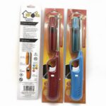 Two long-neck blue,red gas lighters with ergonomic black handles.