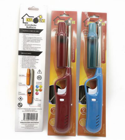 Two long-neck blue,red gas lighters with ergonomic black handles.