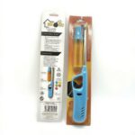 A long-neck blue gas lighter with an ergonomic black handle.