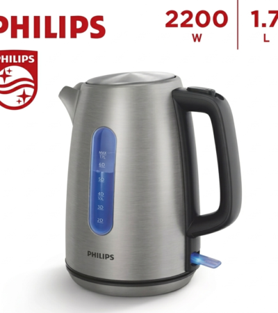 Philips 1.7 L stainless steel electric kettle with blue LED light