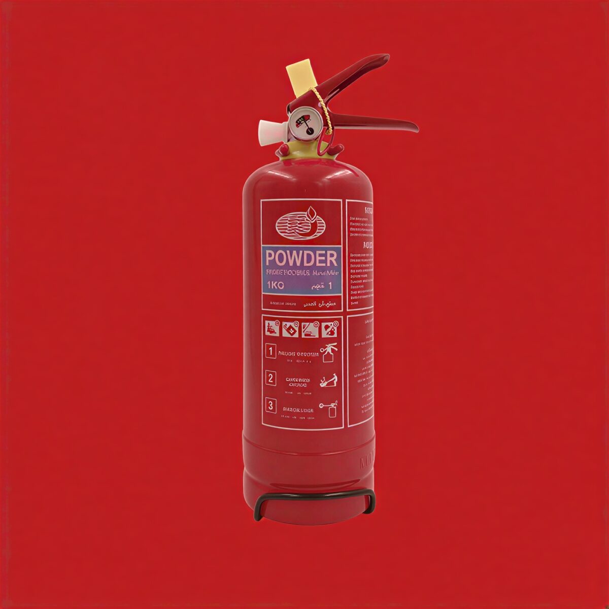 Red 1kg dry powder fire extinguisher with pressure gauge and safety pin