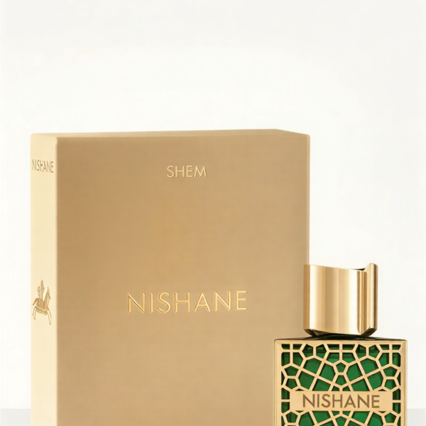 Gold-labeled bottle of Nishane Shem Extrait de Parfum with black cap.