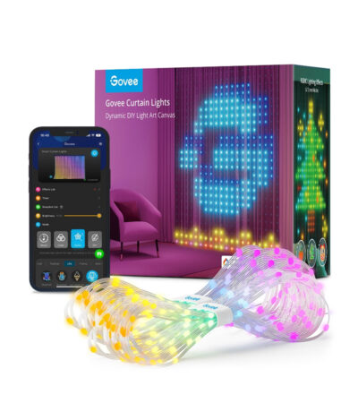 Govee RGBIC Curtain Lights displaying a colorful heart pattern on a window