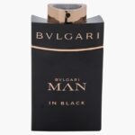 Bvlgari Man In Black 100ml matte black perfume bottle with gold accents.