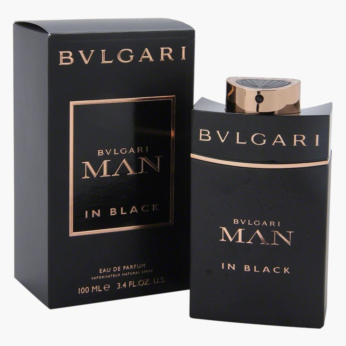 Bvlgari Man In Black 100ml matte black perfume bottle with gold accents.