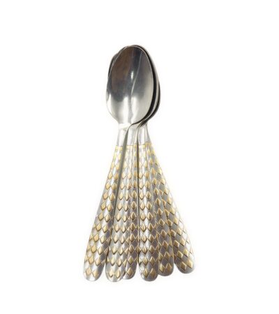 Six polished 20 cm stainless steel spoons arranged neatly on a dark surface
