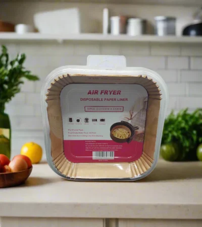 Stack of 50 square brown parchment paper liners for air fryers 20cm