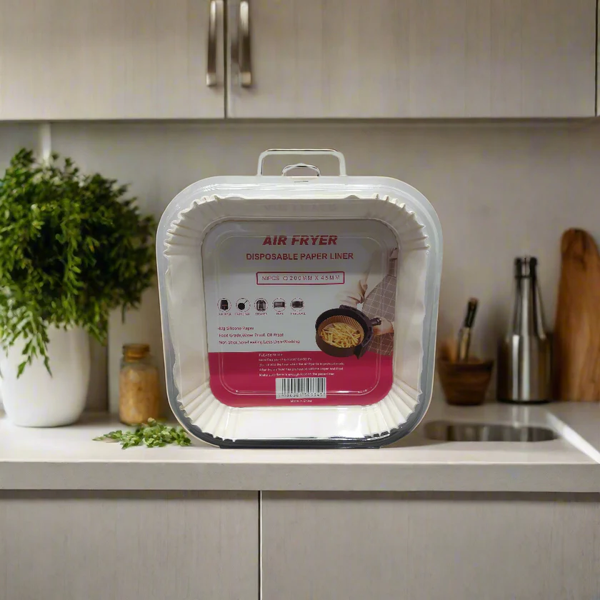 white-square-air-fryer-paper-liners-50-pack 50 pieces of white square 20cm air fryer paper liners with high sides