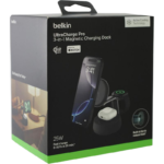 Belkin Ultra Charge Pro 3-in-1 Magnetic Charging Dock in Black with Chrome Accents. Product Box